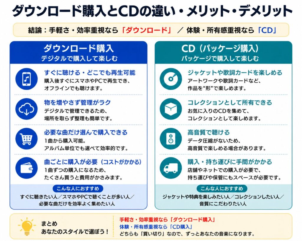 音楽のダウンロード購入とCDの違い・メリット・デメリットを比較した図